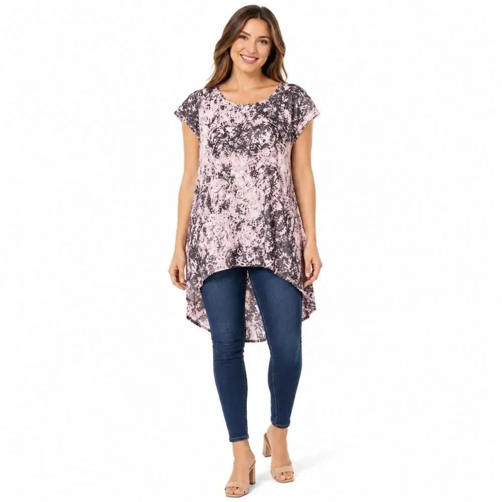 Eyeshadow Women’s High-Low Tunic Top Size M Pink Black Marble Sheer Cap Sleeve B